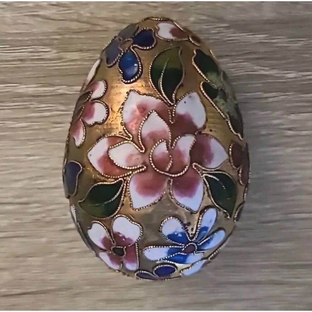 Vtg*Cloisonne Egg* Enameled Multicolored Jewel Tone Flowers Leaves - Picture 2 of 8
